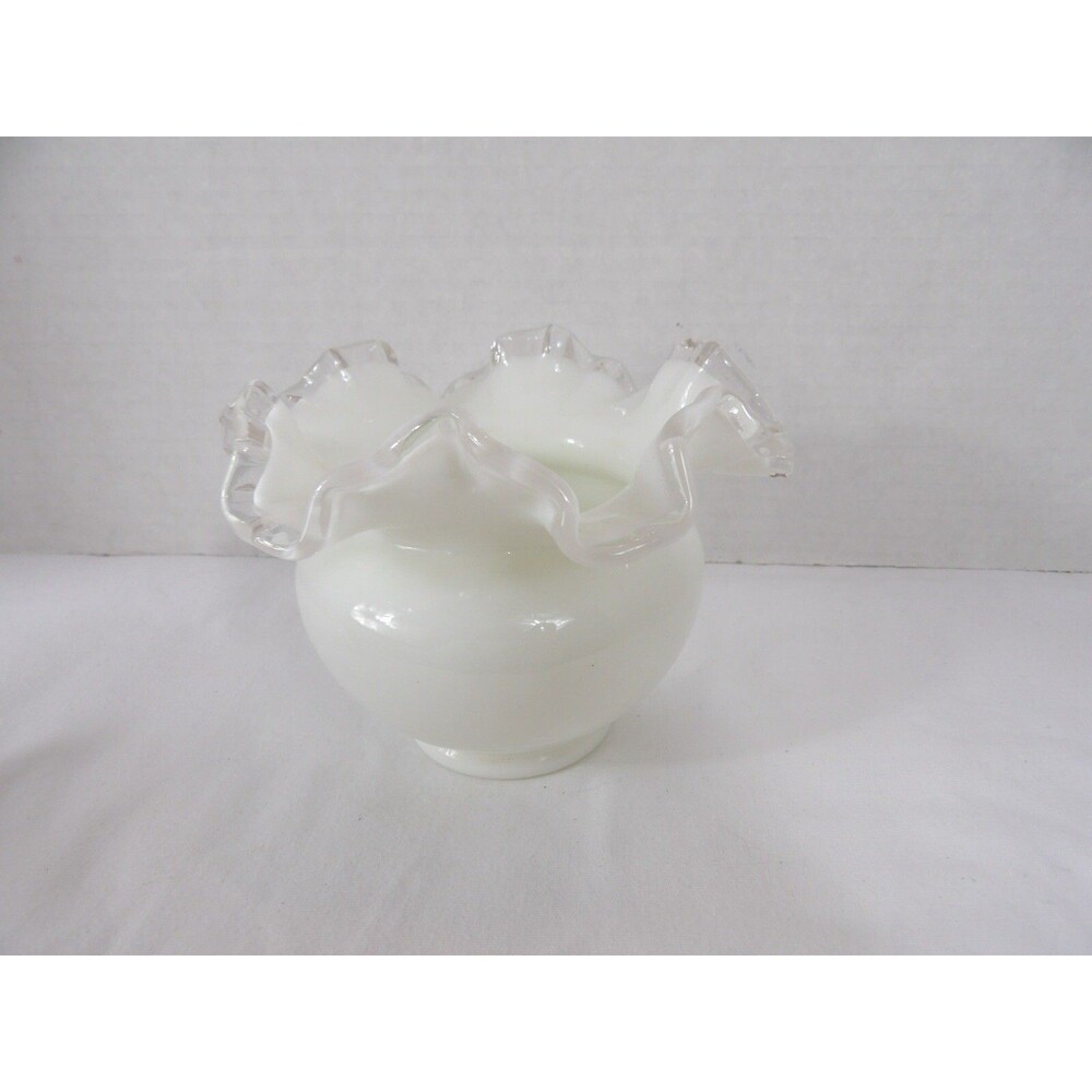 Fenton Vase Silver Crest White Milk Glass Rose Bowl Crimped Ruffled MCM Vtg